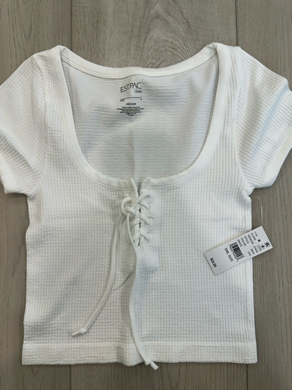 EST. PAC 1980 White Lace-Up Waffle Knit Top Size S NWT
